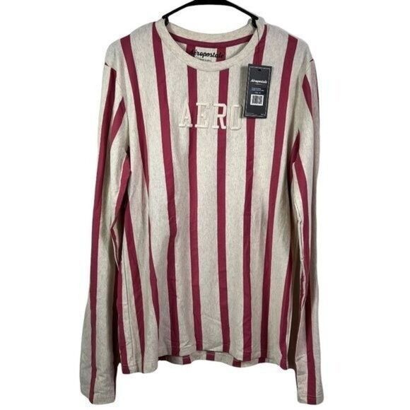 Aeropostale Men’s Medium Vertical Stripe Oat & Slate Rose Pink Long Sleeve Shirt - Picture 1 of 7